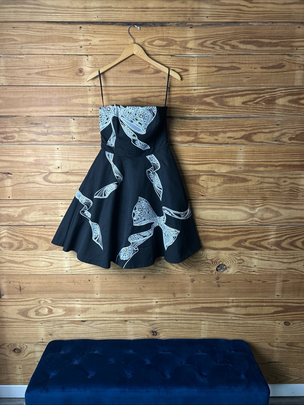 White House Black Market Black Mini Dress with White Lace Ribbon Print